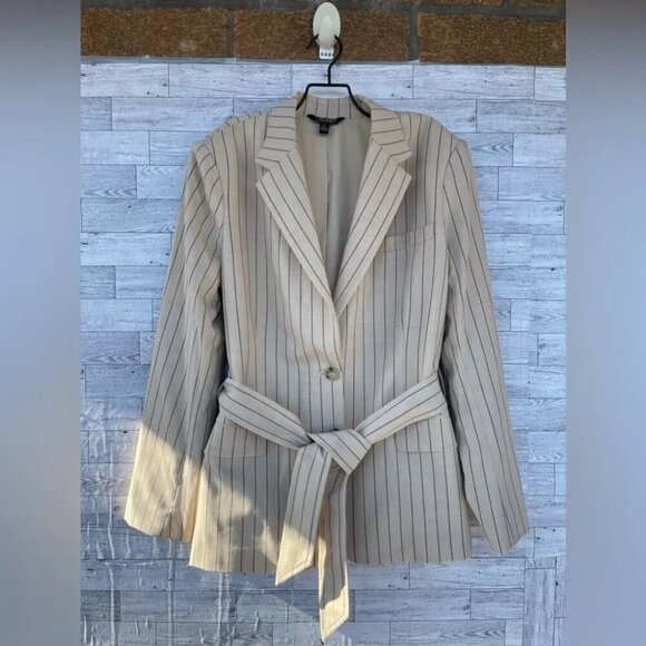 RALPH LAUREN BLACK LABEL Womens Pinstripe Work Two-Button Blazer size 14 - Picture 2 of 16